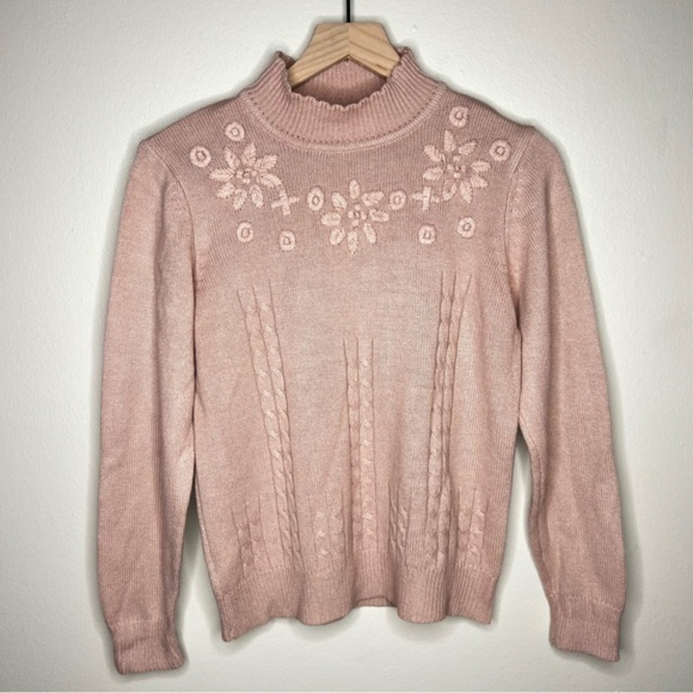 Salon Studio Vintage Pink Coquette Embroidered Cable‎ Knit Mock Neck Sweater